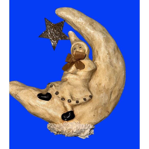 Nicol Sayre Vintage Paper Machet Handcrafted Moon & Star Ornament With Sitting F - Picture 2 of 16